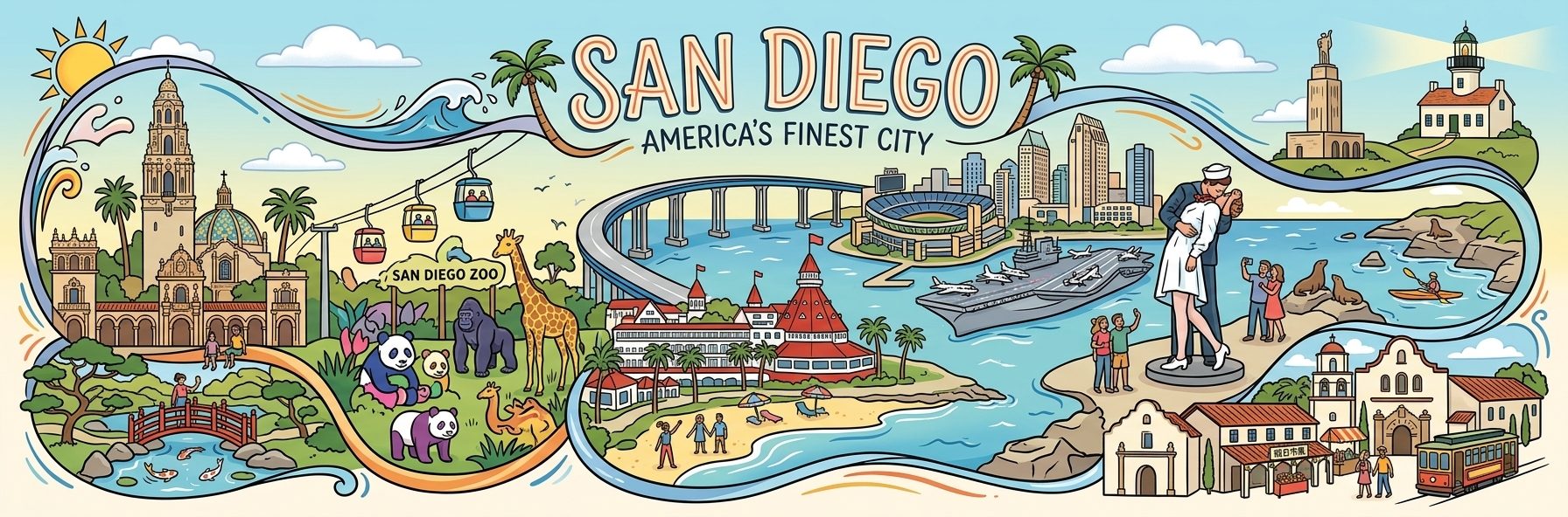 San Diego 插畫：Balboa Park、聖地牙哥動物園、Coronado 大橋與海灣
